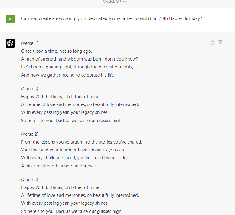 Chat GPT-4 Example - Song Lyrics -1
