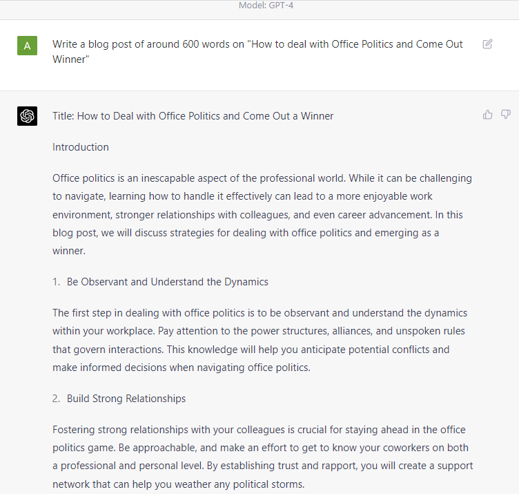 Chat GPT-4 Example of Article Writing - 1