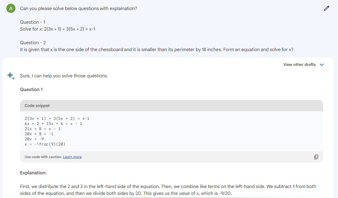 Google Bard Example - Algebra - 1