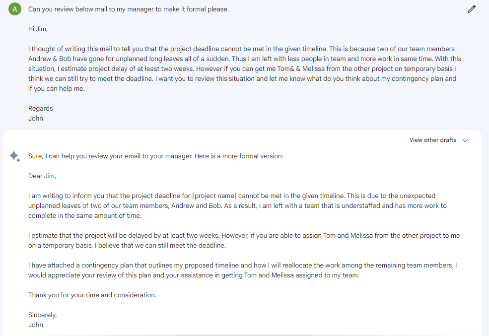 Google Bard Improving Email Draft